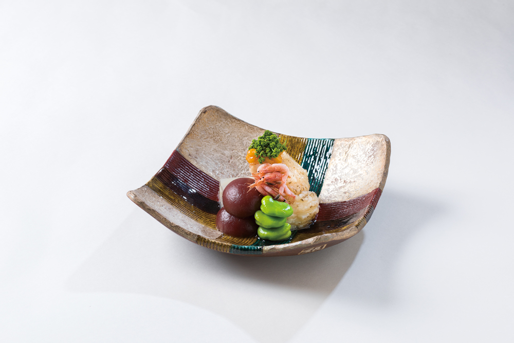鮎魚女葛打ち( 新蓴菜、 姫青梗菜、椎茸、 柚子)